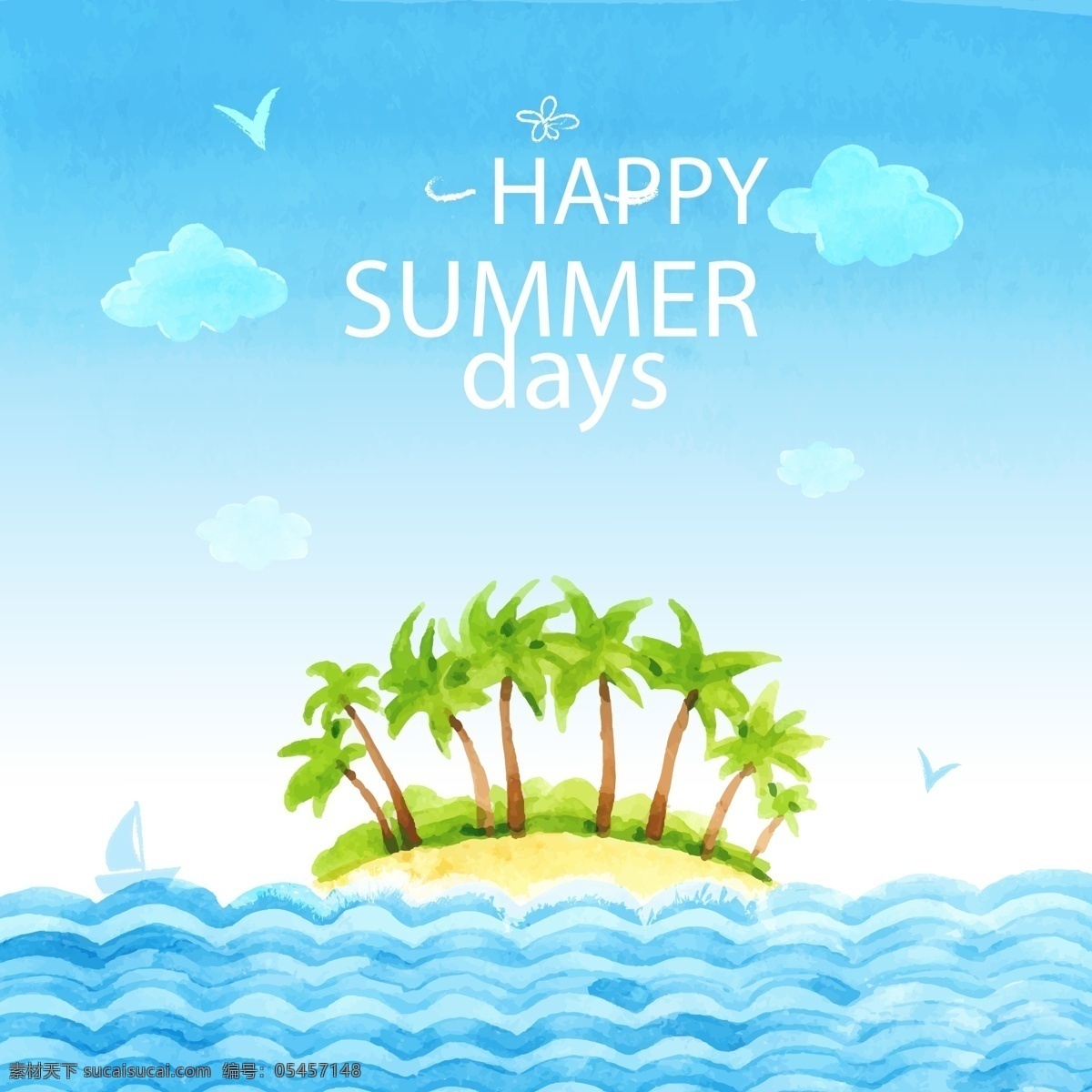夏季 海中 椰子树 岛屿 矢量 海鸥 云朵 帆船 度假 假期 大海 动漫动画 风景漫画