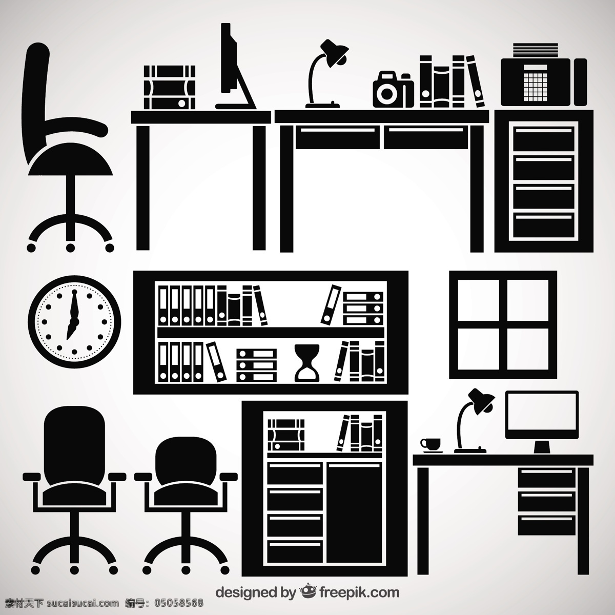 办公家具 黑色 椅子 桌面工作区 货架 工作场所 图标 高清 源文件