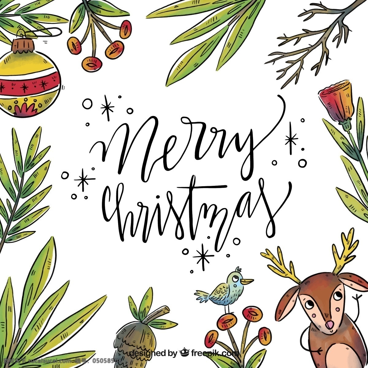 彩绘 圣诞 驯鹿 树枝 边框 矢量图 彩球 彩色 节日 麋鹿 手绘 植物
