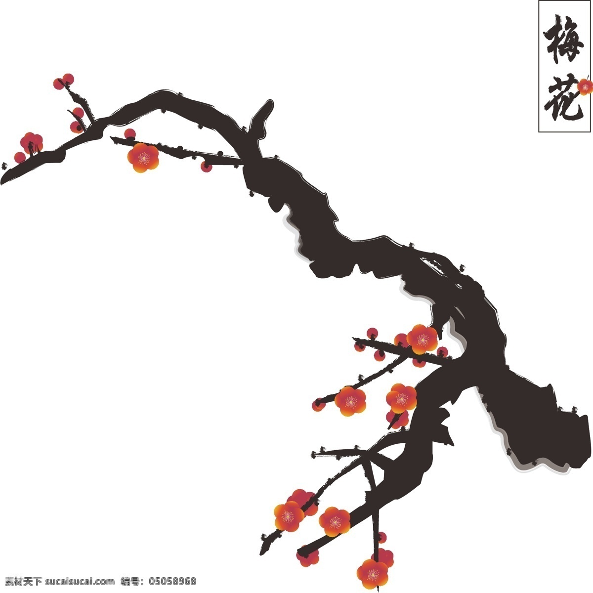 手绘 花 之中 国风 冬天 一枝梅 商用 元素 手绘花 中国风 花卉 红梅 梅花