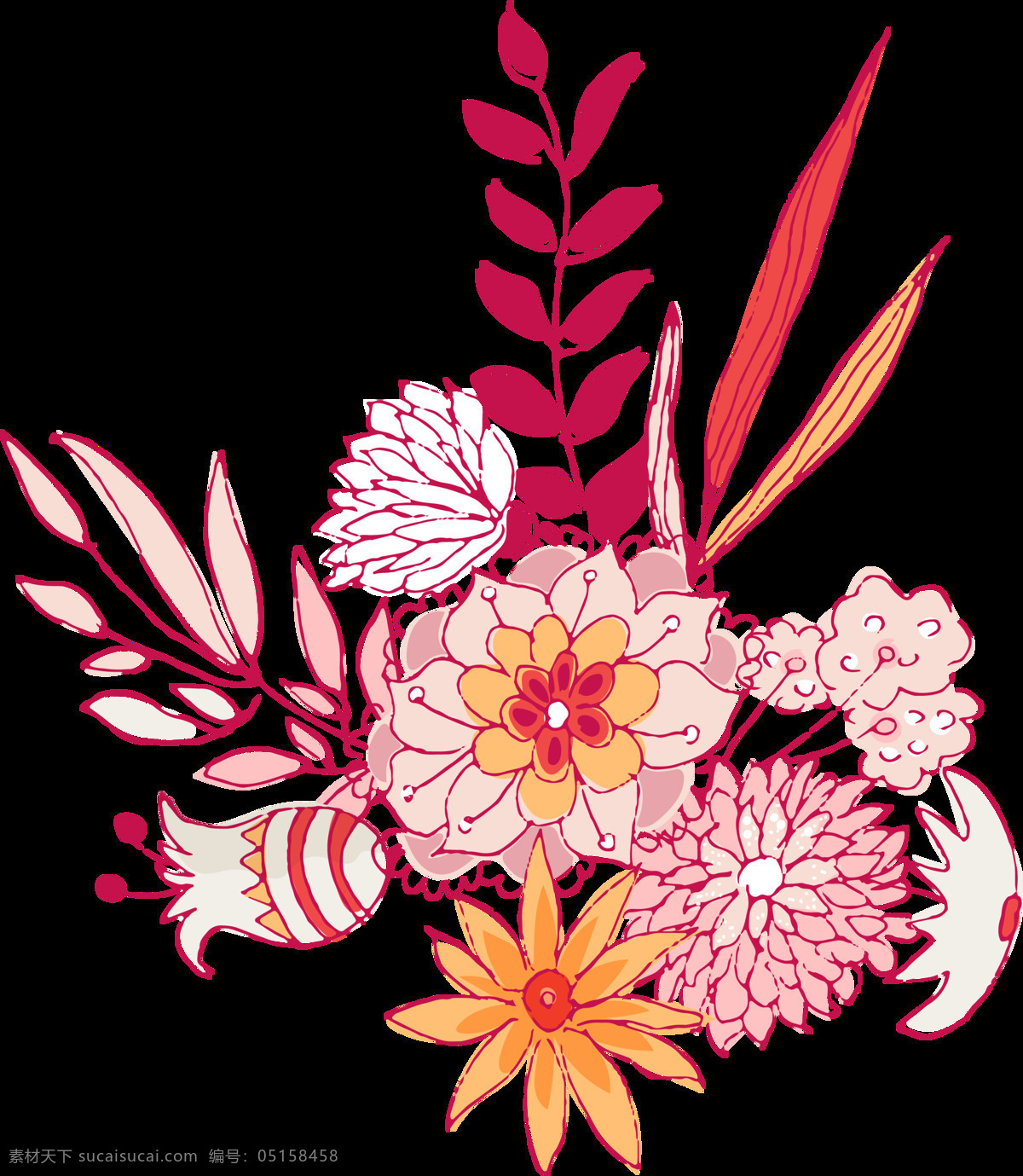 线性 手绘 插画 装饰 图 透明 粉红色 菊花 橘色 免扣素材 水彩 透明素材 叶子 装饰图案