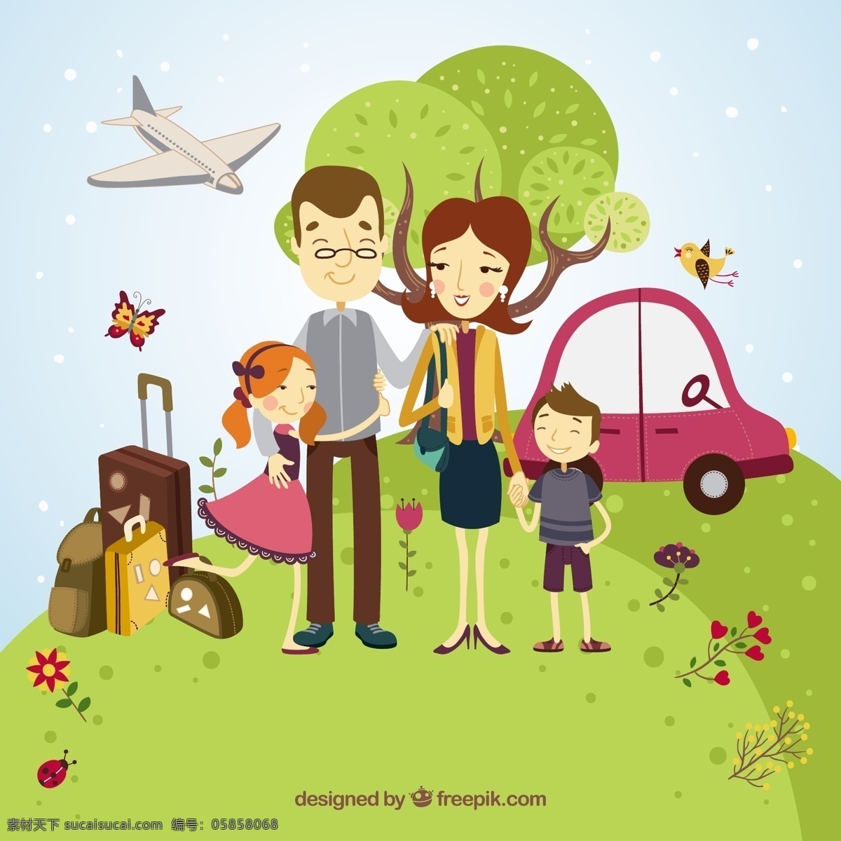 度假 四口 之家 汽车 孩子 旅行箱 蝴蝶 树木 飞机 矢量 高清图片