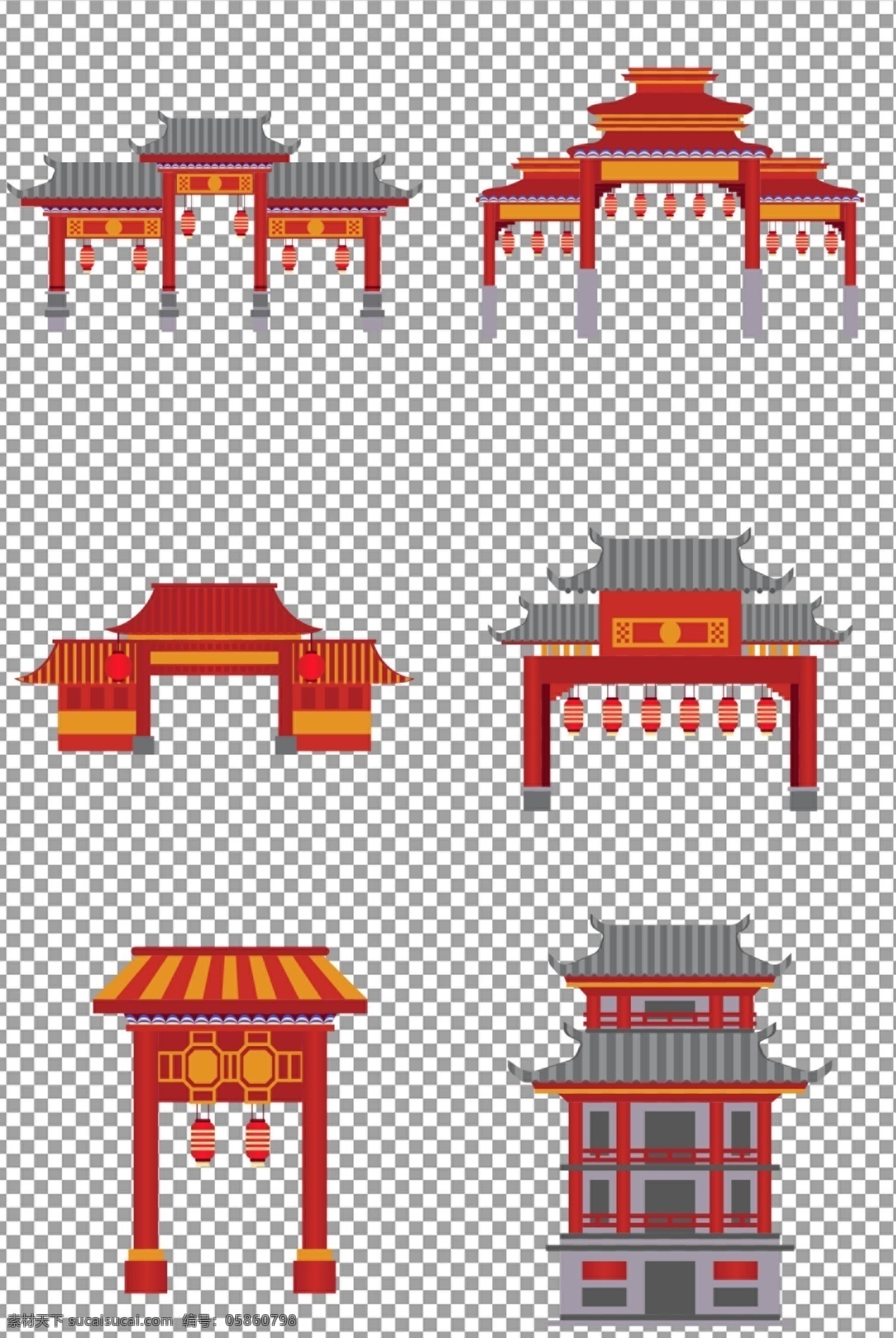中式 传统 门楼 扁平 手绘 红色 古典 矢量 免抠 无背景 免抠图 抠图 元素 透明 通道 png免抠图 分层