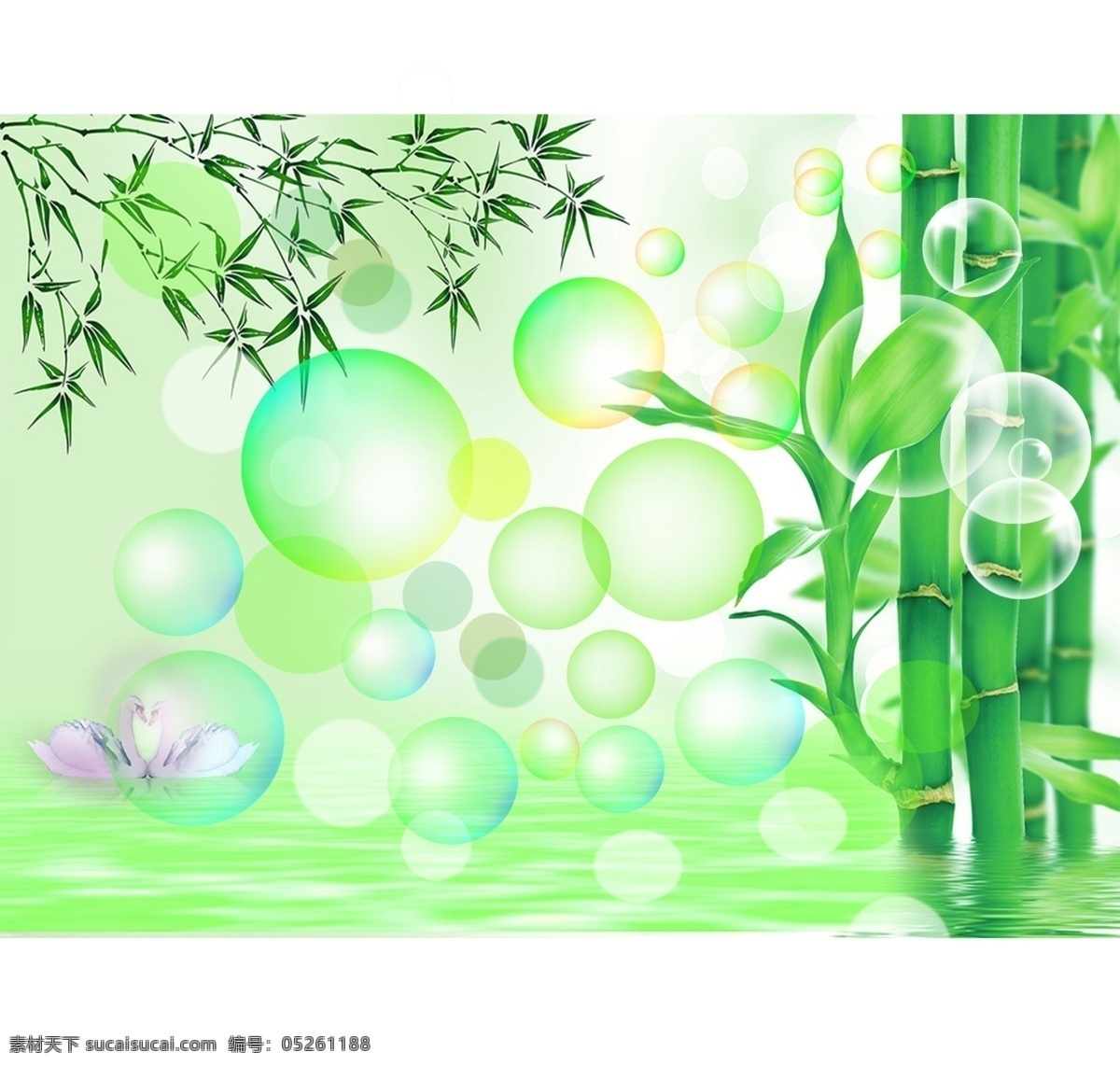 绿色 背景 竹子 源文件 水面 波纹 枝条 气泡 天鹅 绿色背景 psd源文件