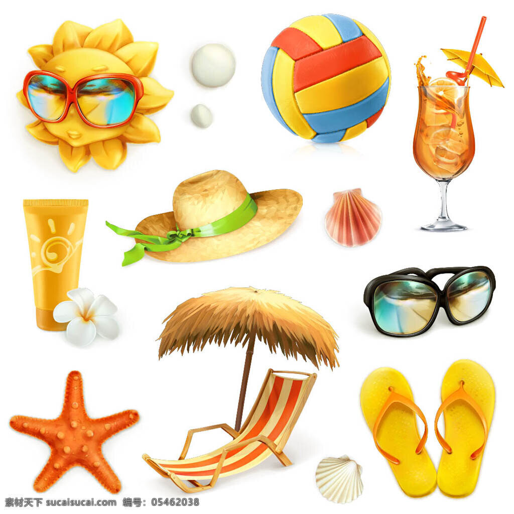 夏季 海边 度假 太阳 沙滩球 卡通 躺椅 墨镜 饮料 拖鞋 贝壳 夏季度假 夏季背景 矢量素材 白色
