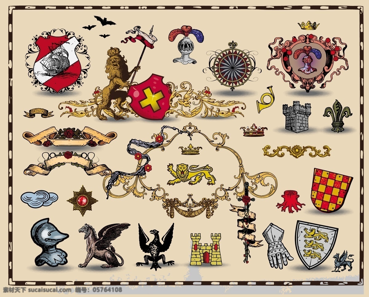 个性化 古老 纹章 矢量 盾牌 古代 狮子 战士 装饰品 向量的纹章 矢量图 其他矢量图
