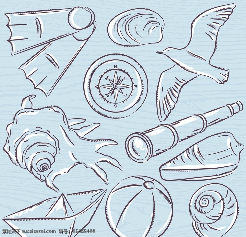 手绘航海物品 航海物品 海洋 船 指南针 地图 锚 救生圈 海鸥 海螺 贝壳 冒险 海盗