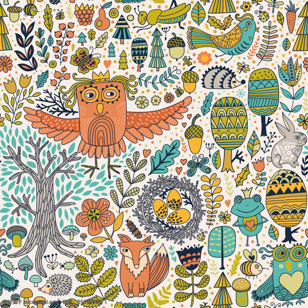 插画 风格 手绘 动植物 壁纸 图案 装饰设计 大树 壁纸图案 青蛙王子 树叶 猫头鹰