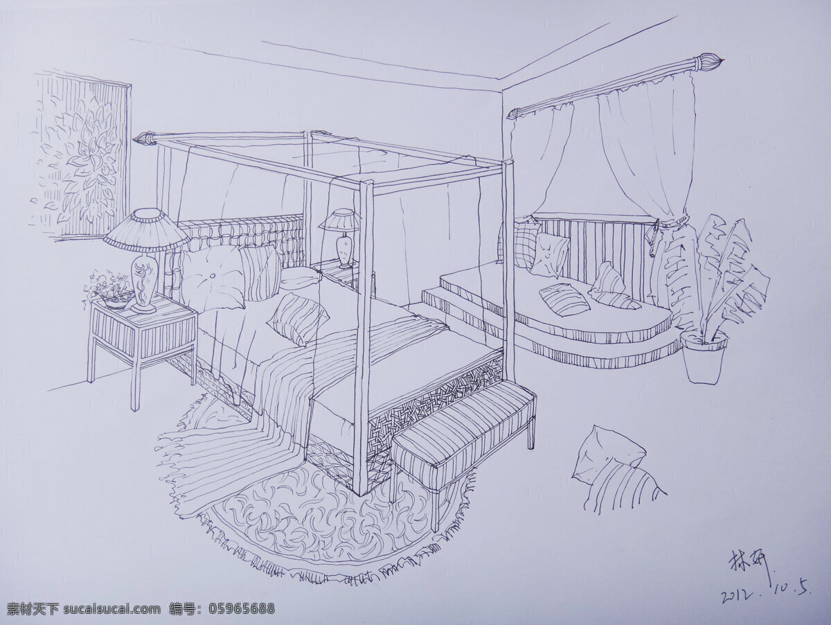 卧室 手绘 东南亚风格 环境设计 室内 室内设计 线稿 卧室设计手绘 家居装饰素材