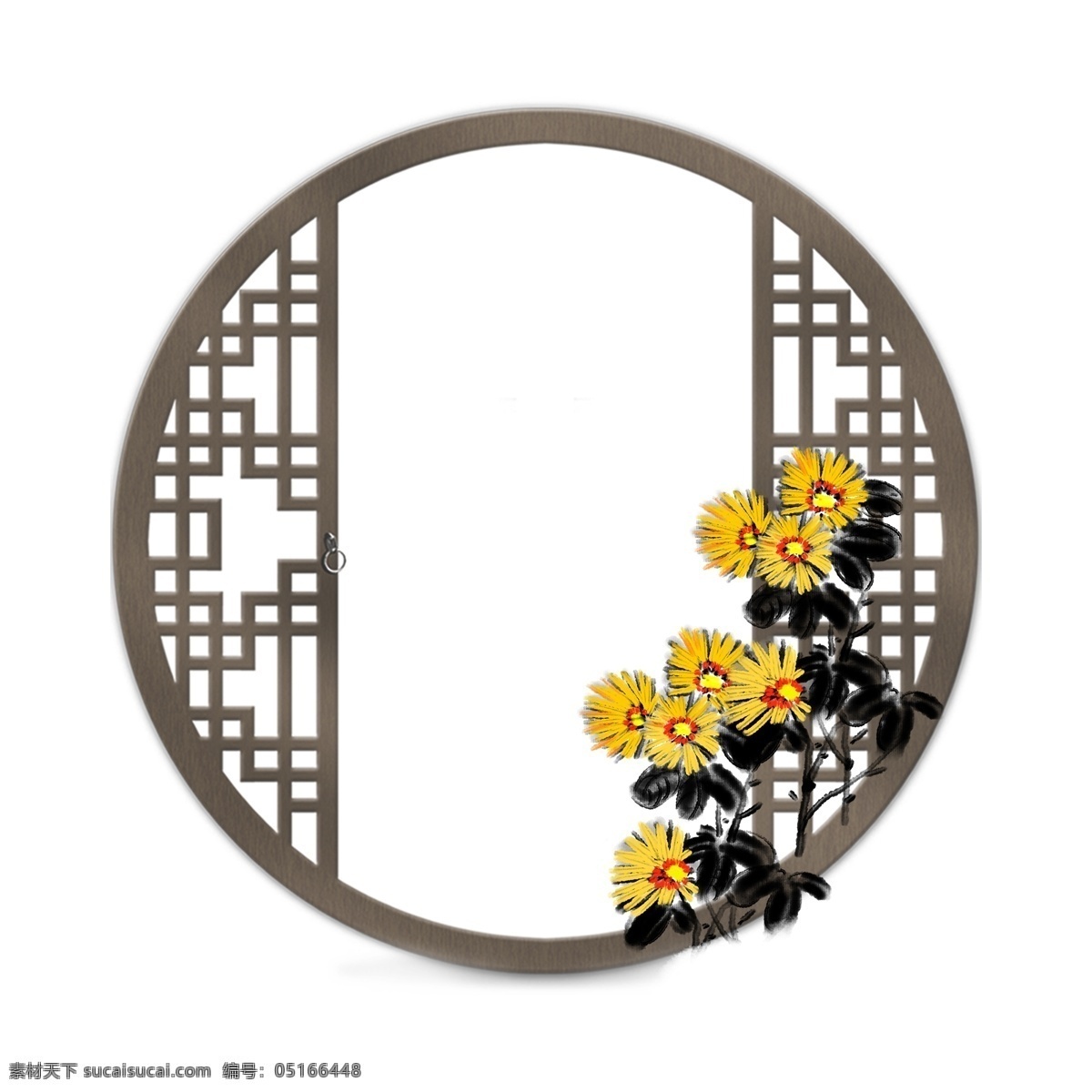 带 向日葵 花 窗户 圆形窗户 复古窗格插画 漂亮 黄色 花朵 花卉 鲜花 带花的窗户