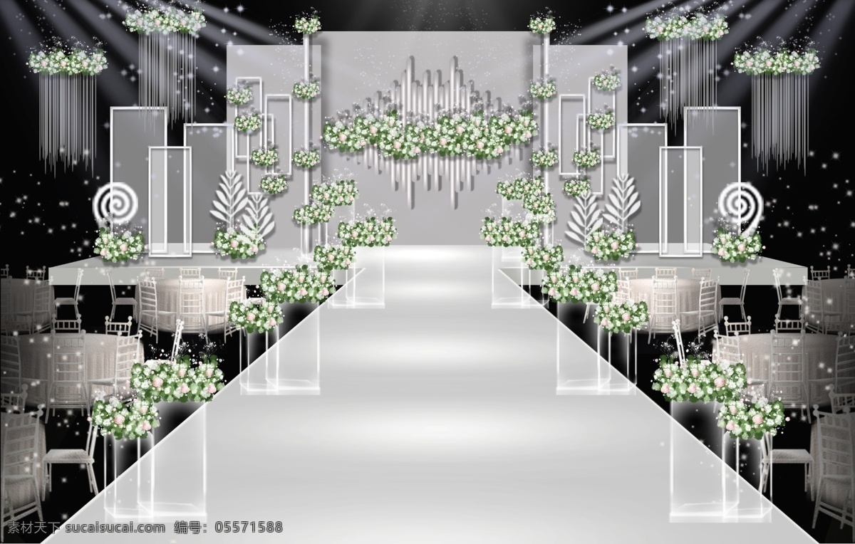 浅 灰色 系 白 绿 小 清新 婚礼 效果图 亚克力 路 引 白色树叶素材 创意几何结构 白色桌椅 pvc素材 萌芽路引素材 白绿花艺 线帘素材