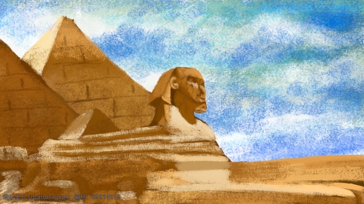 世界 旅游 日 埃及 金字塔 沙漠 风光 建筑 插画 装饰画 壁纸 纹理 底纹 手绘 插图 古风 复古肌理 木乃伊 背景 雕像 油画 名著