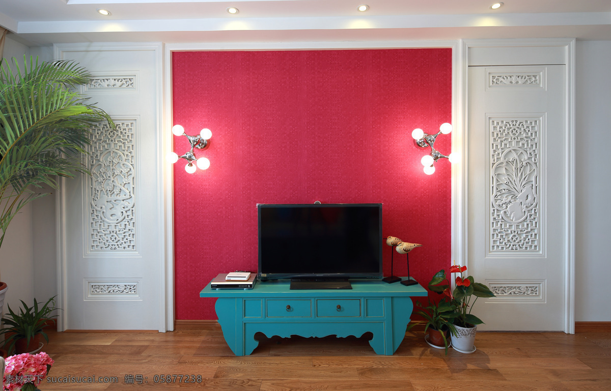 现代 时尚 客厅 玫 红色 电视 背景 墙 室内装修 图 客厅装修 蓝色电视柜 玫红色背景墙 木地板