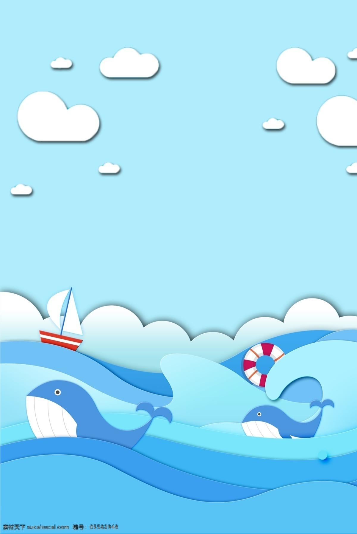 卡通 边框 蓝色 背景 海报 h5 海洋 手绘 广告 清新