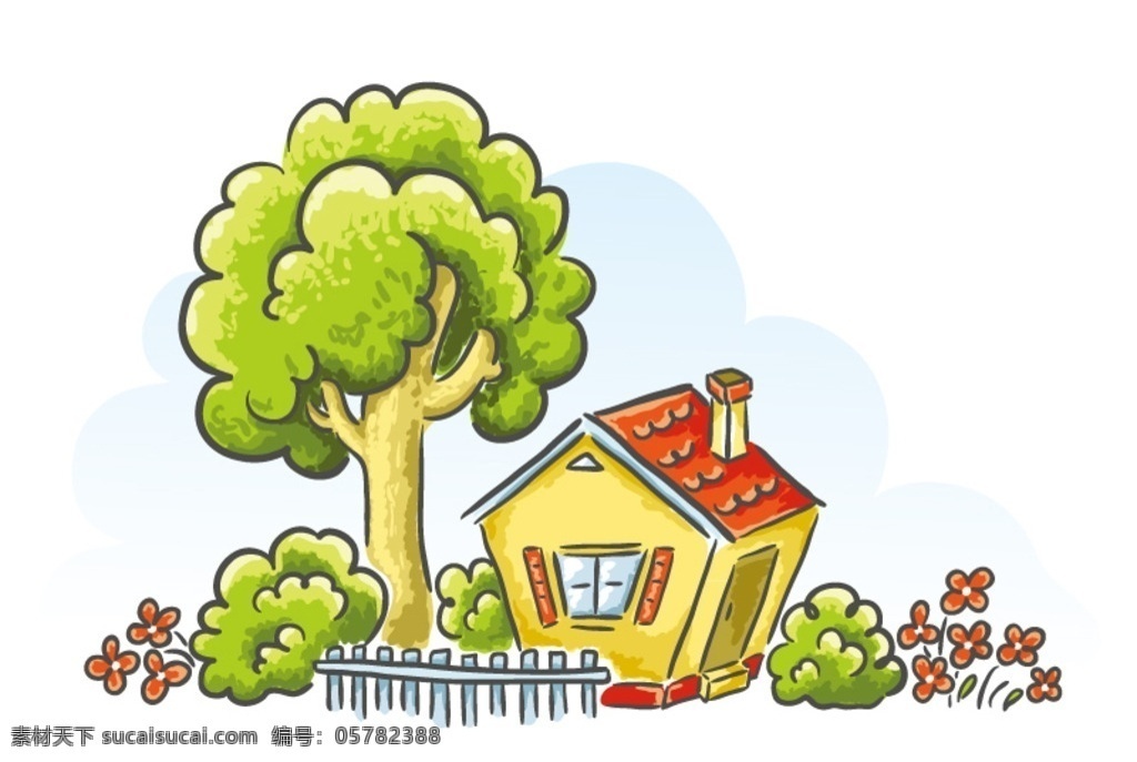 花园房屋 栅栏卡通 卡通大树小屋 儿童画 趣味卡通房子 卡通设计