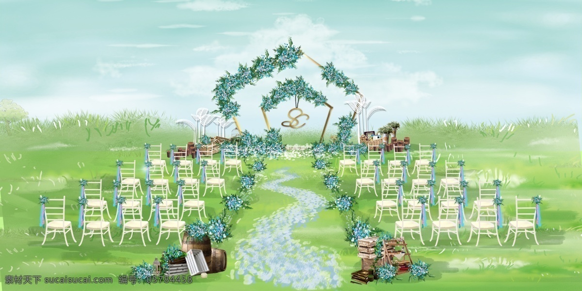 仪式 区 户外 婚礼 效果图 蓝白 森系 效果 设计图 草坪婚礼 户外婚礼