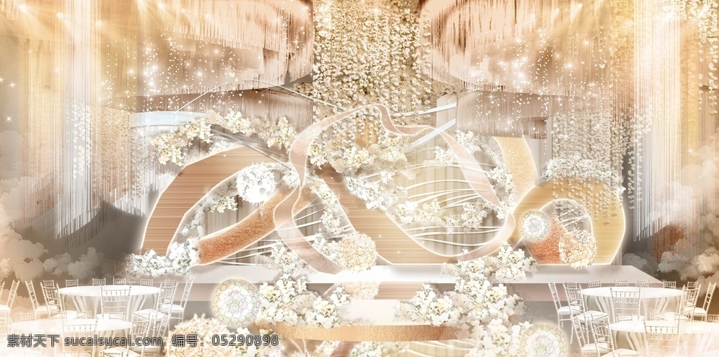 香槟 色 婚礼 效果图 香槟色 白色 曲线 唯美 镜面t台 环境设计 舞美设计