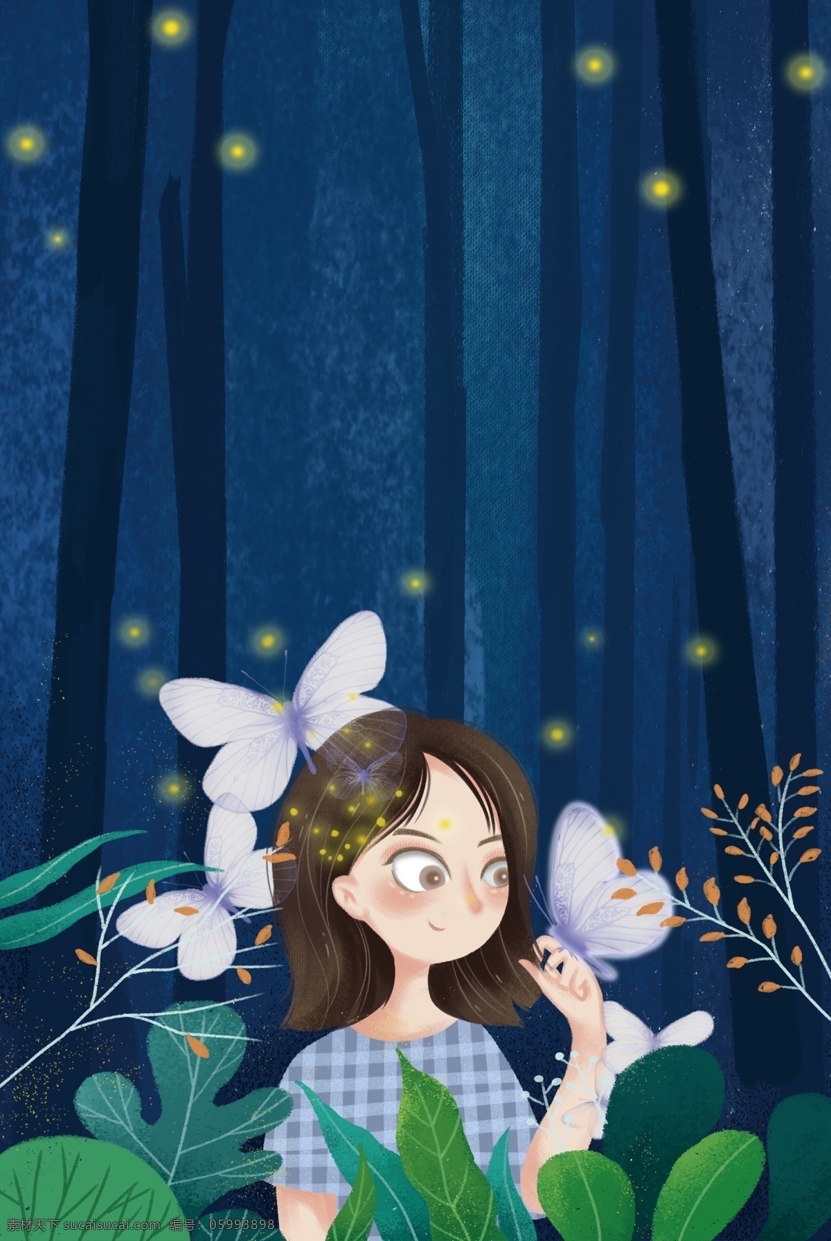 夜晚 森林 女孩 海报 背景 渐变 蓝色 树木 蝴蝶 精灵 促销海报