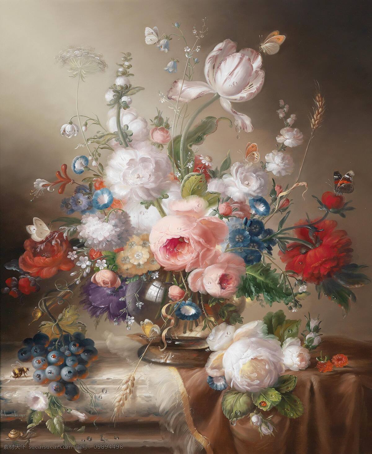 鲜花水果 混搭鲜花 蝴蝶 蜜蜂 蜗牛 花大姐 永恒之美 19世纪油画 油画 绘画书法 文化艺术