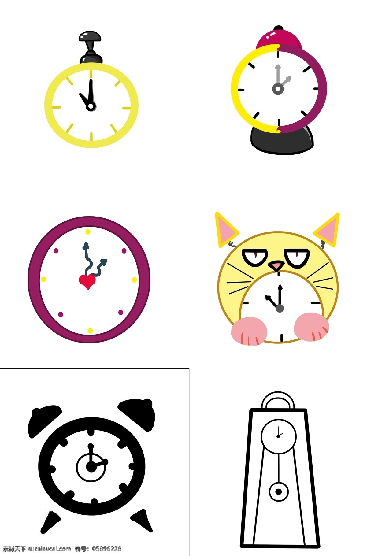 创意 卡通 钟表 闹钟 简约 黄色 矢量 怀表 黄 紫 对比色 简易紫色圆盘 可爱猫咪 复试 图标 线条 摆钟