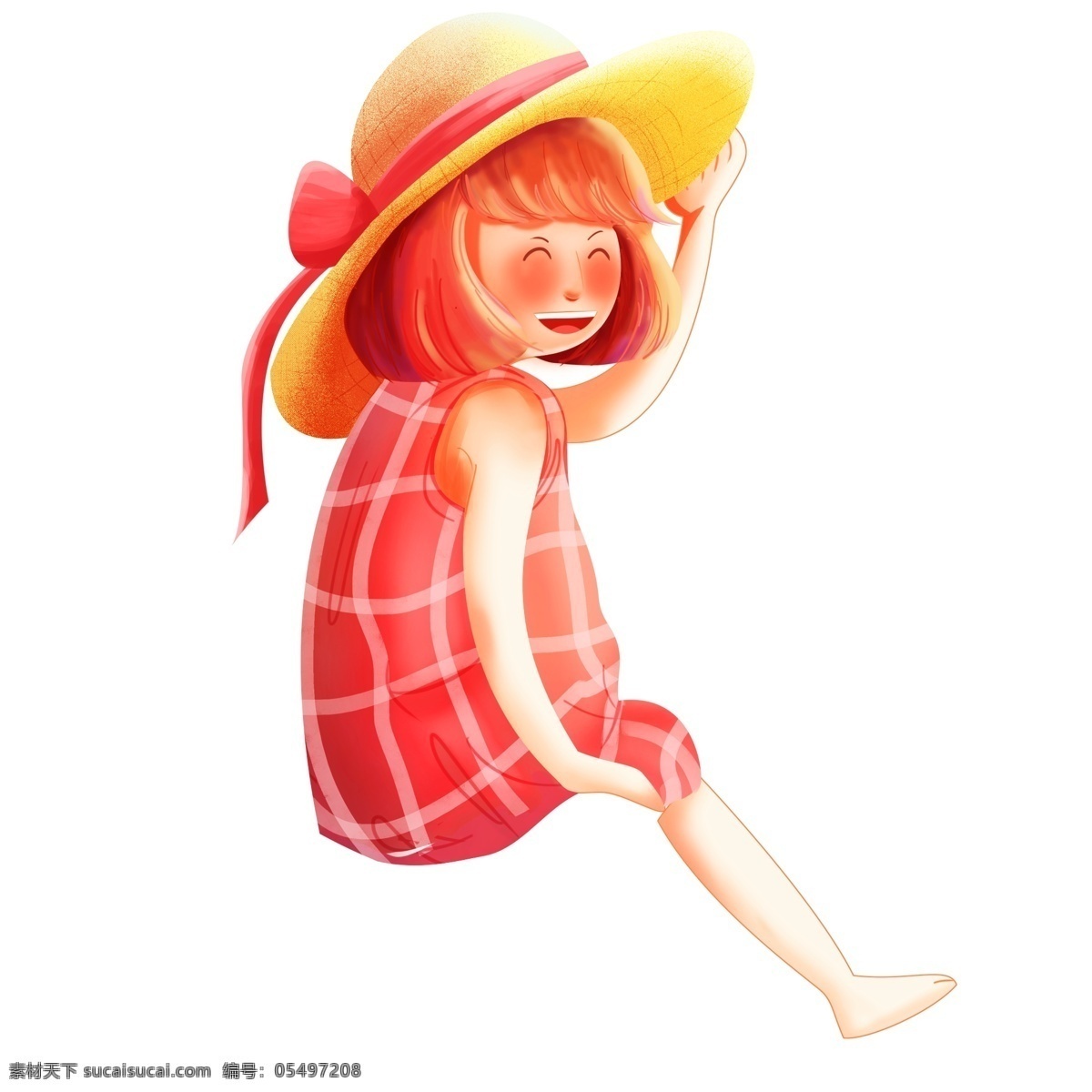 彩绘 一个 戴 草帽 可爱 小女 生 卡通 女孩 小女孩 度假 夏季 人物 插画