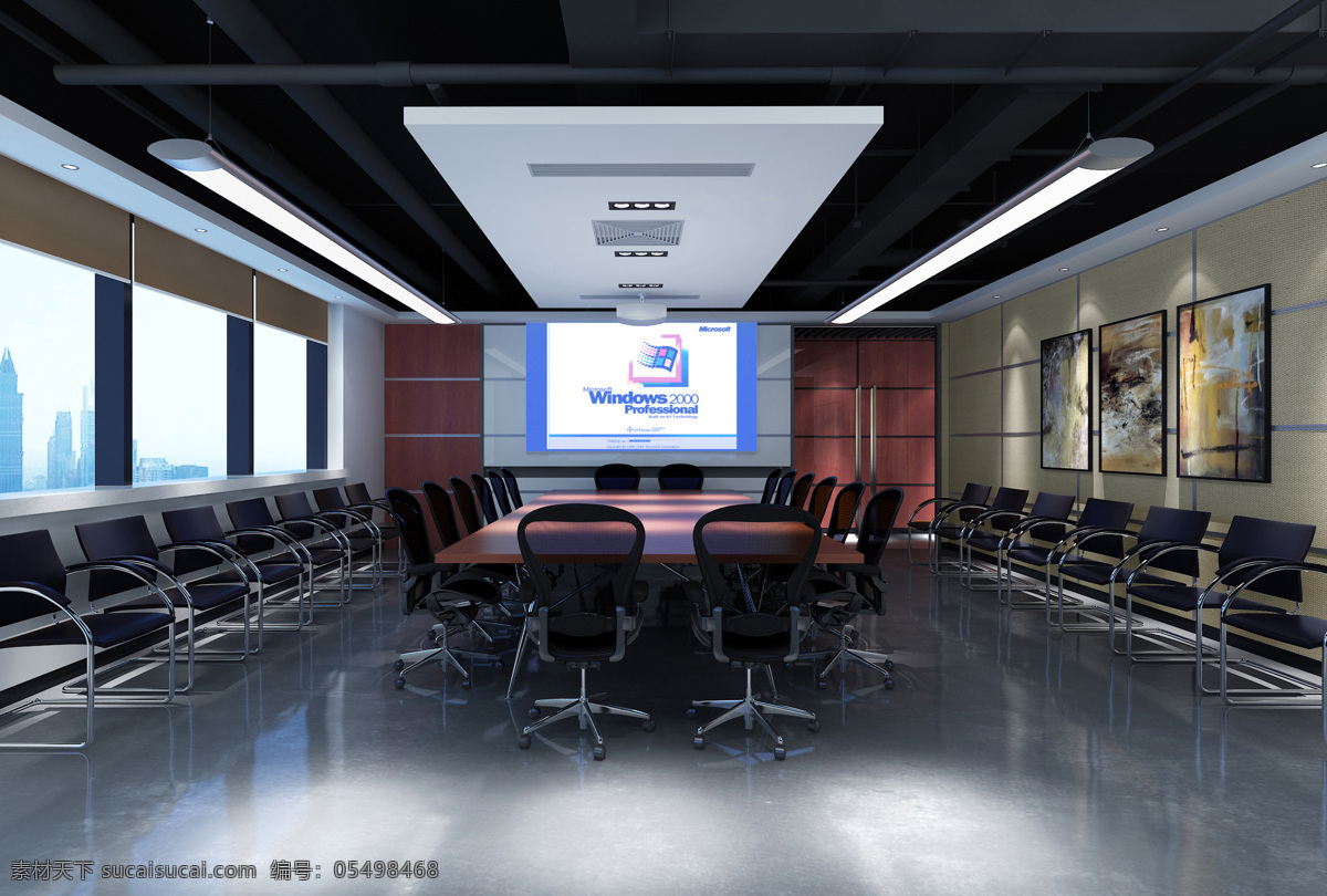 会议 大厅 效果图 桌子 凳子 投影 挂画 英文字 吊灯 城市 房屋 建筑物 室内设计 环境设计