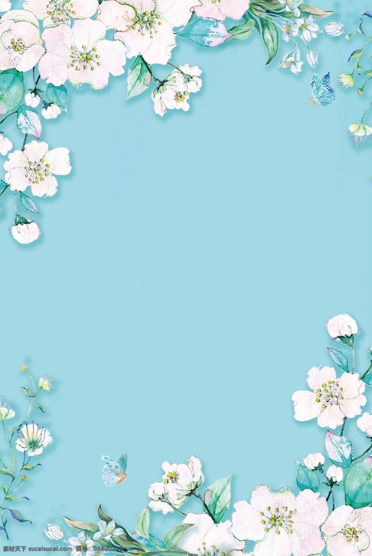 高清 蓝 底 白花 水彩 手绘 分层 复古 花卉 鲜花 psd分层 绿叶 叶子 白色花 背景 蓝色 蝴蝶 边框 底纹 花纹 背景素材