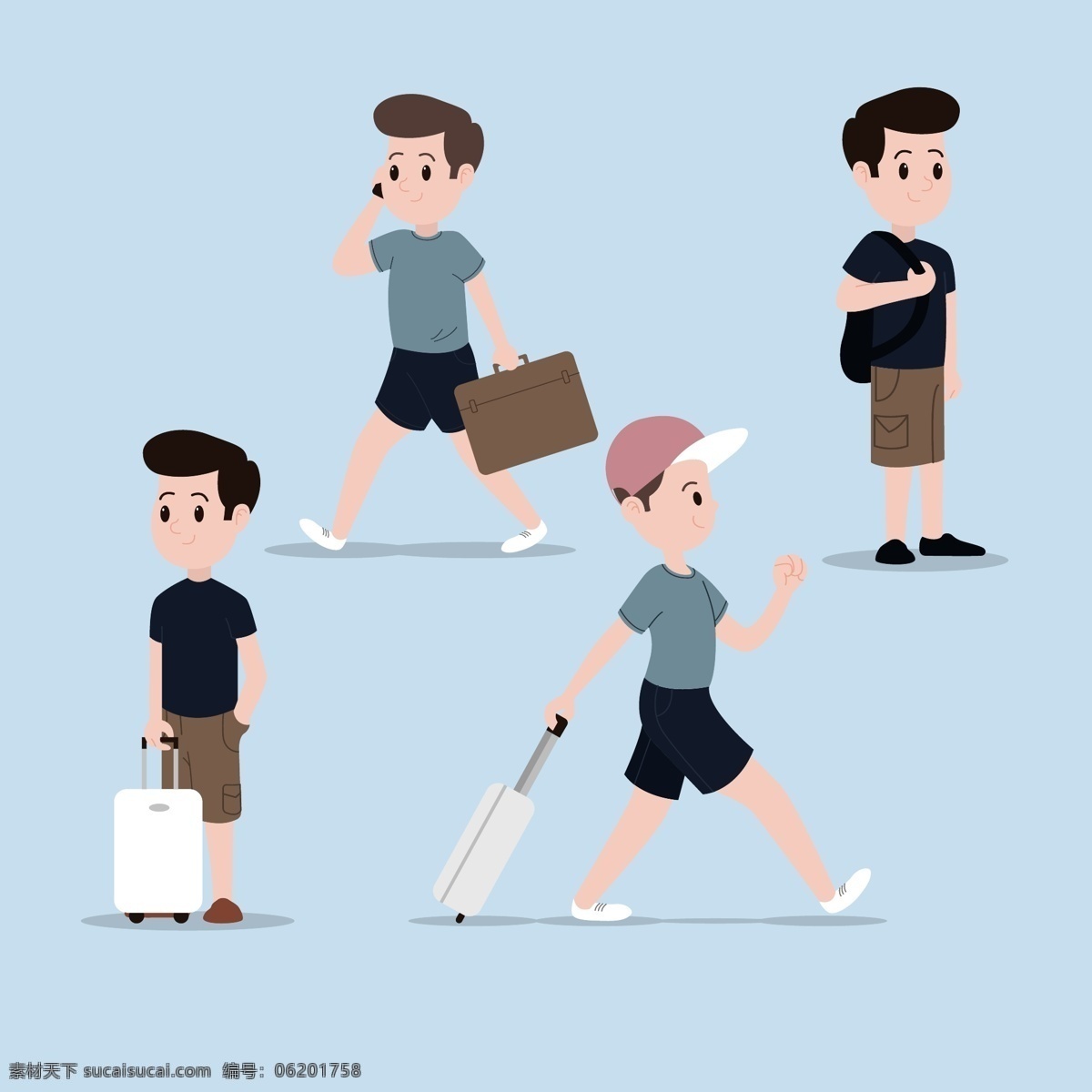 旅行人物 旅游人物 戴墨镜出行 生活人物 打电话走路 背包人物 拉杆箱 外出旅游 游客 卡通游客 手绘游客 矢量游客 游客插画 人物卡通 人物图库