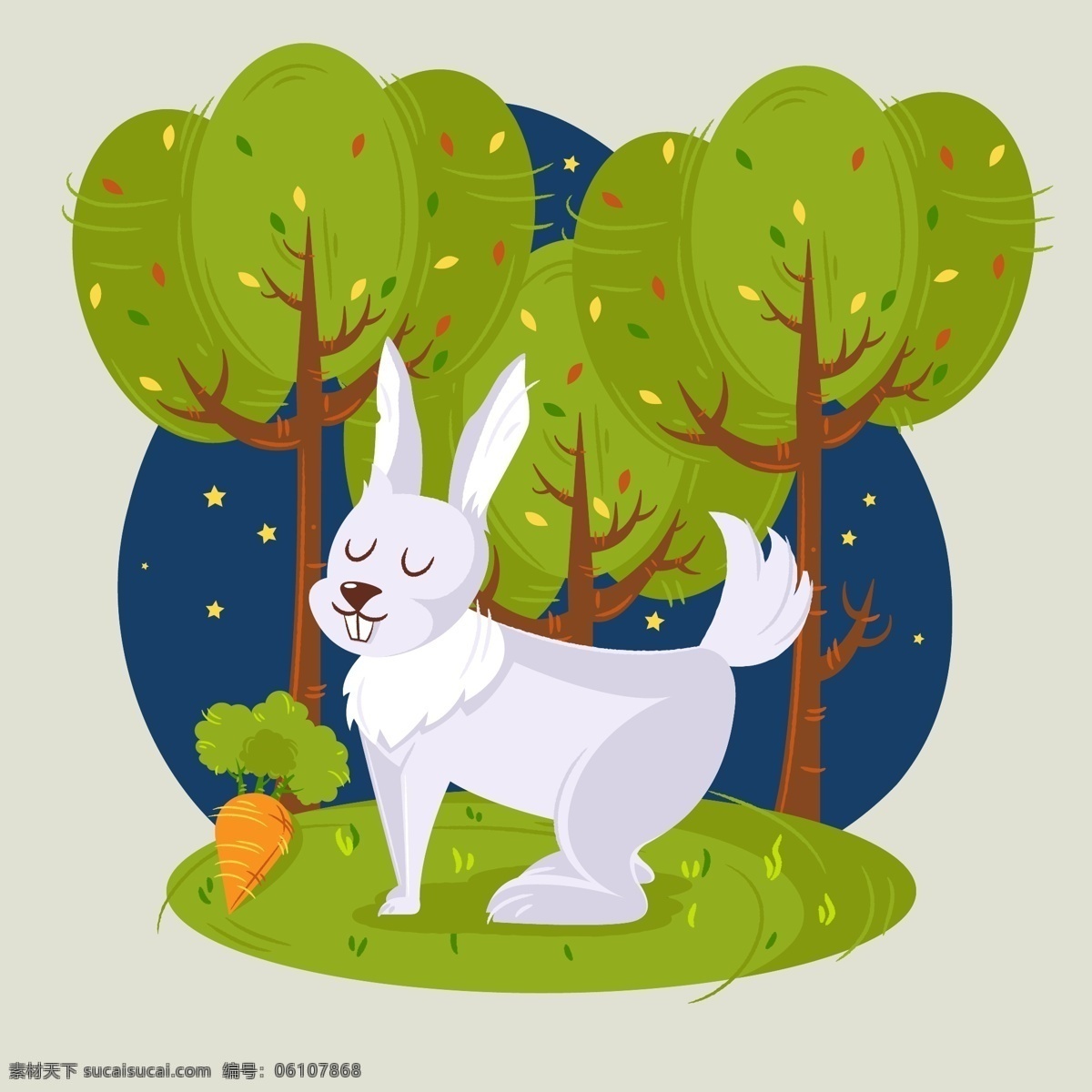 创意 夜晚 森林 里 白兔 矢量 动物 兔子 大树 萝卜