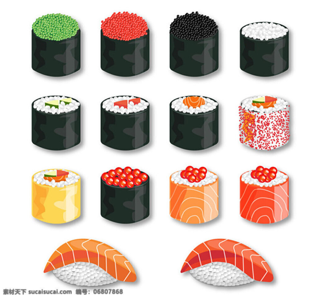 卡通 手绘 日本 寿司 餐饮美食图片 日式料理 鲑鱼寿司 三文鱼寿司 手握寿司 军舰寿司 鱼籽寿司 白色