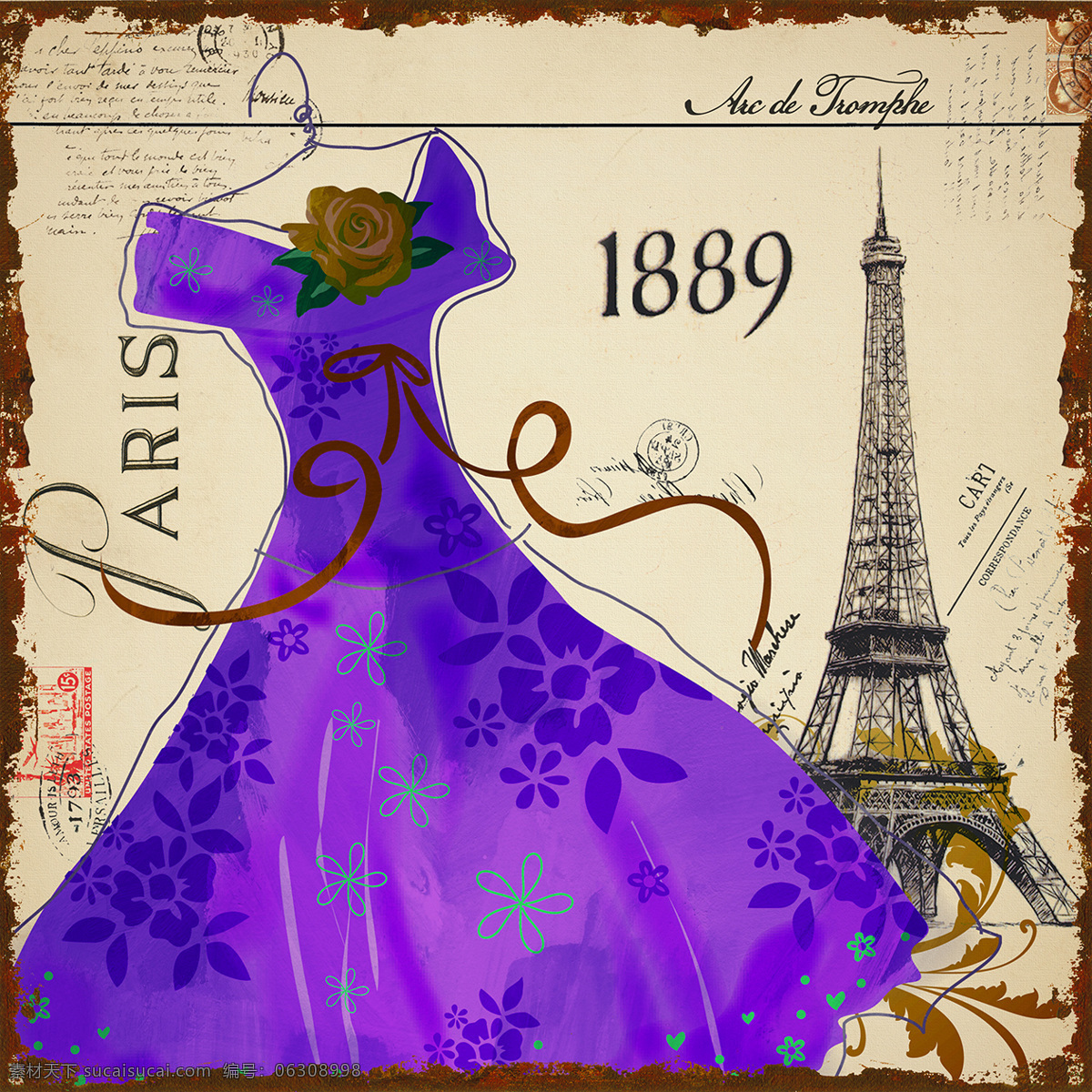 紫色 裙子 装饰 挂画 巴黎铁塔 复古 国外 连衣裙 画芯
