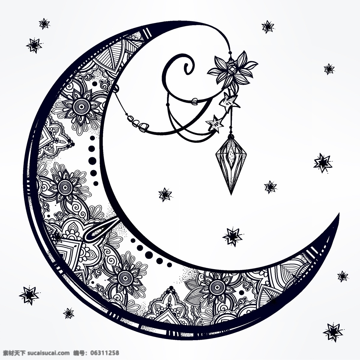 黑白 时尚 艺术 月亮 图案 唯美 星星 手绘