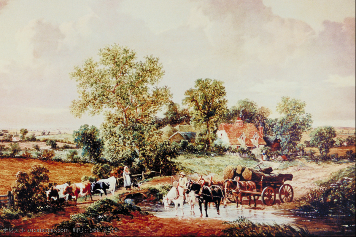 传统文化 河水 绘画书法 蓝天 美景 木材 山 山水画 山水油画 国外 山水 油画 树林 马 壮观景色 迷人 文化艺术 国外传世名画