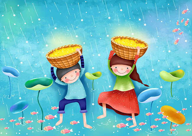 星星雨 儿童 插画 星星 青色 天蓝色