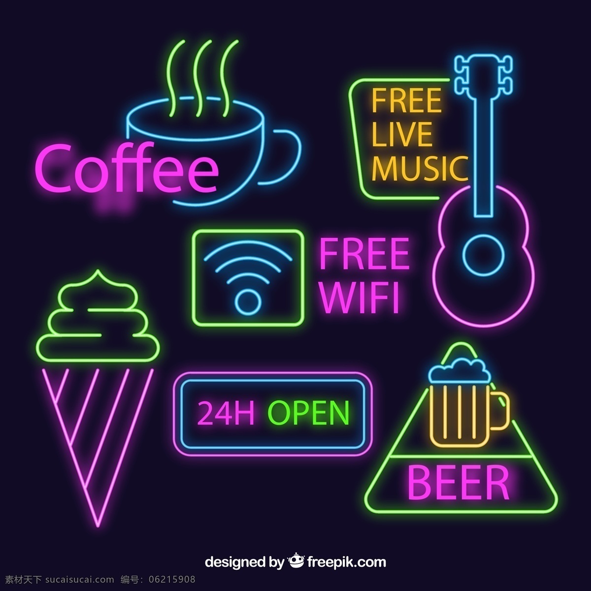彩色 霓虹灯 招牌 咖啡店 冰淇淋 无线网络 小时营业 酒吧 矢量 高清图片