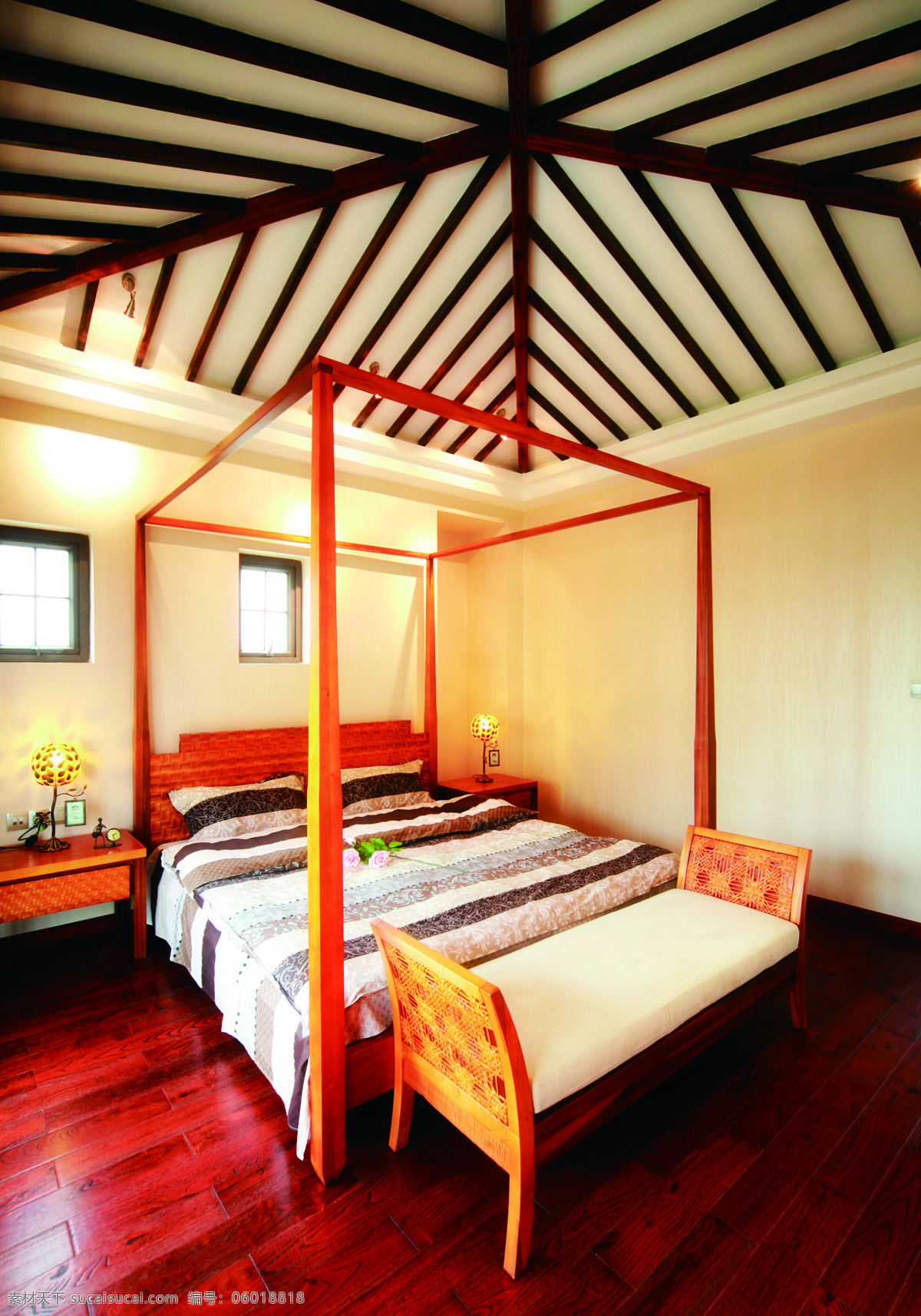 东南亚 亮 色系 卧室 室内装修 效果图 红色木地板 木制床头柜 卧室装修 热情明媚风格
