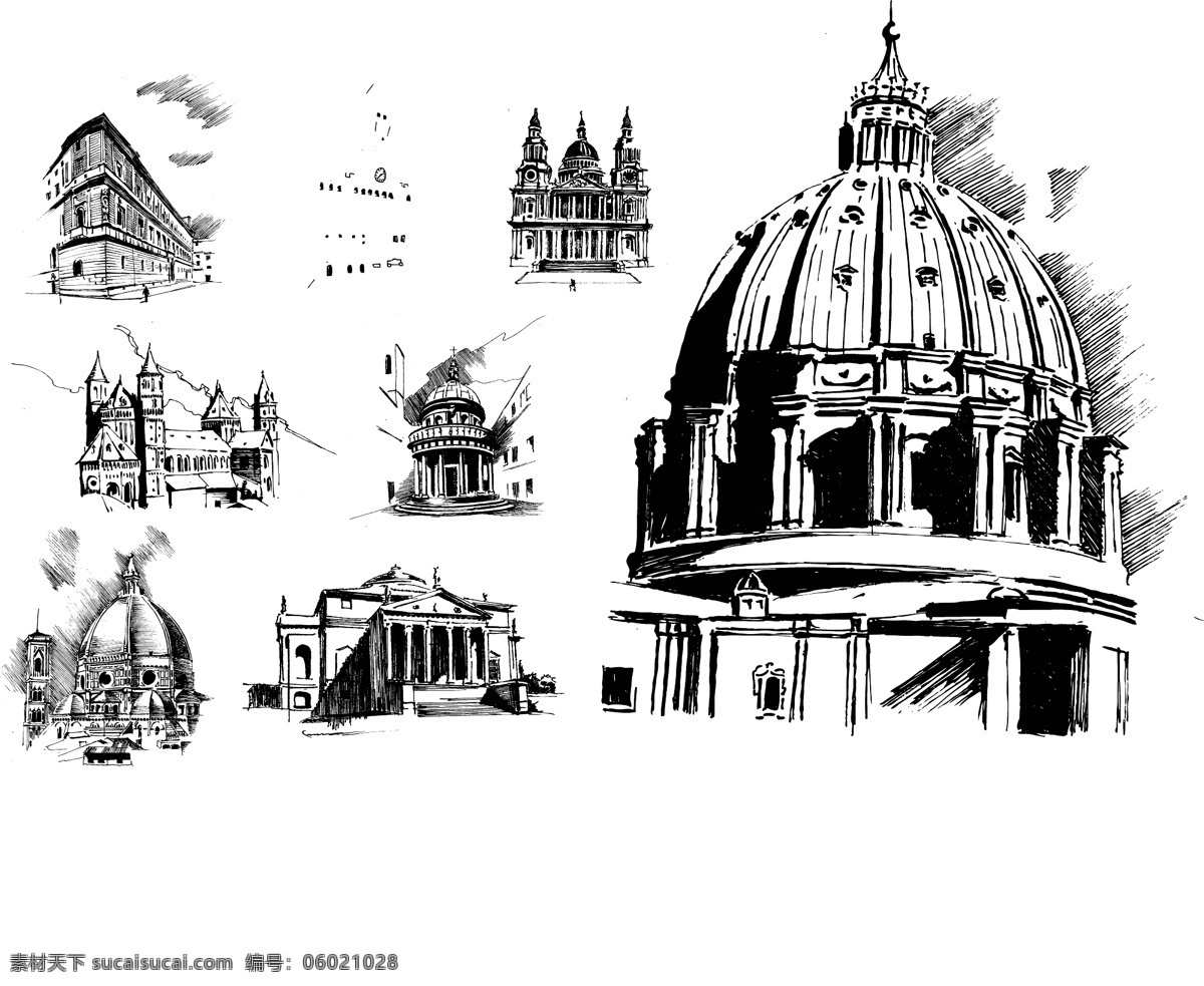 城市古典建筑 城市 古典 古代 欧式 欧洲 建筑 手绘 线条 矢量 传统建筑 建筑家居