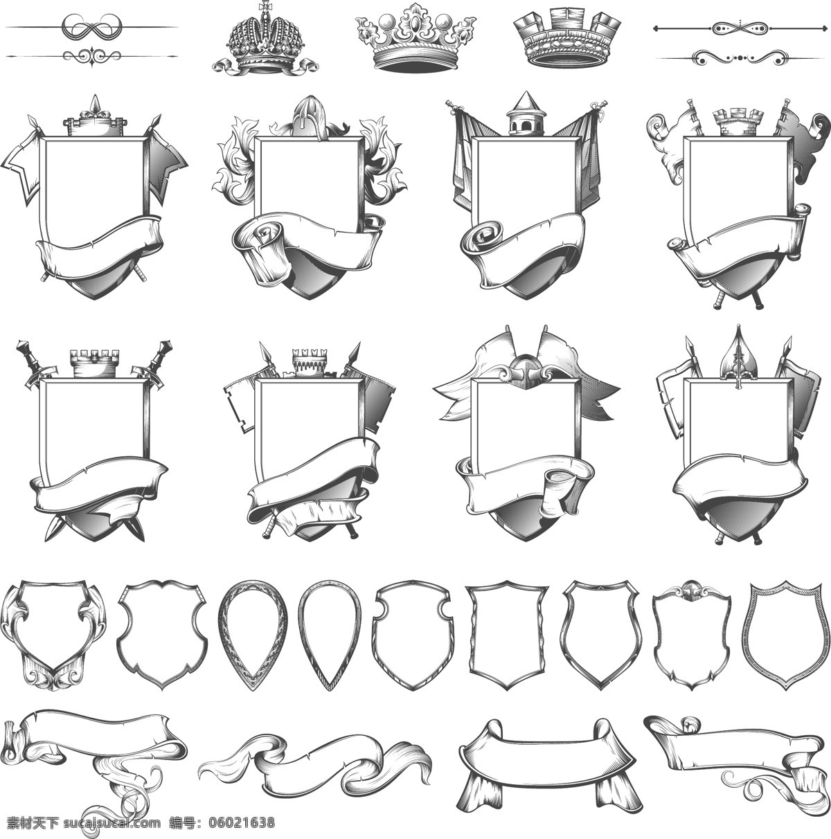 古典 中世纪 元素 矢量 盾牌 皇冠 王冠 狮子 背景 边框 花边 传统 花纹 图案 生活百科 白色