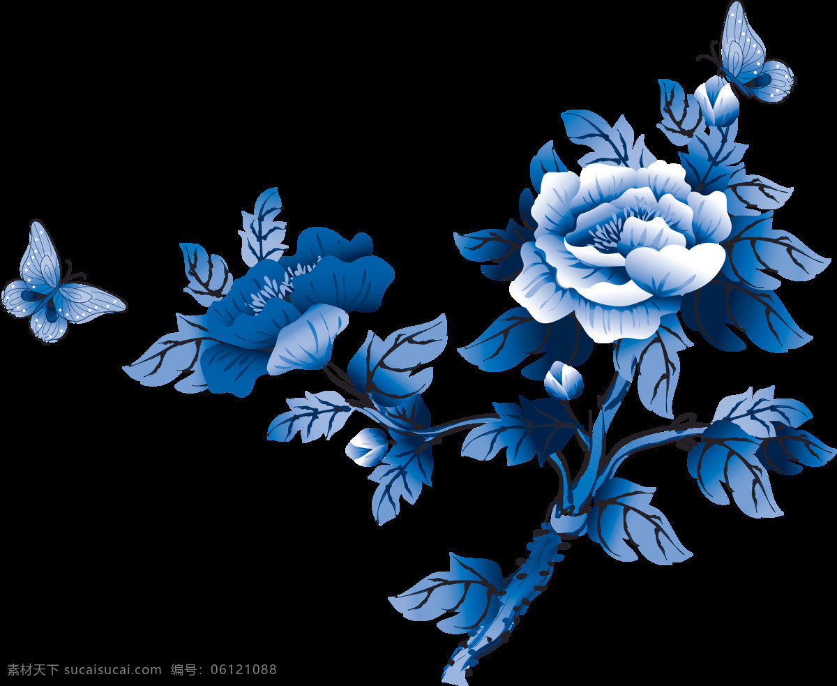 彩绘 蓝色 牡丹花 图案 蓝色牡丹 蝴蝶 彩色花朵 漂亮花朵 牡丹 手绘花朵 彩色图 花朵画 装饰图案 艺术 中国风 国画 免扣素材 png花朵