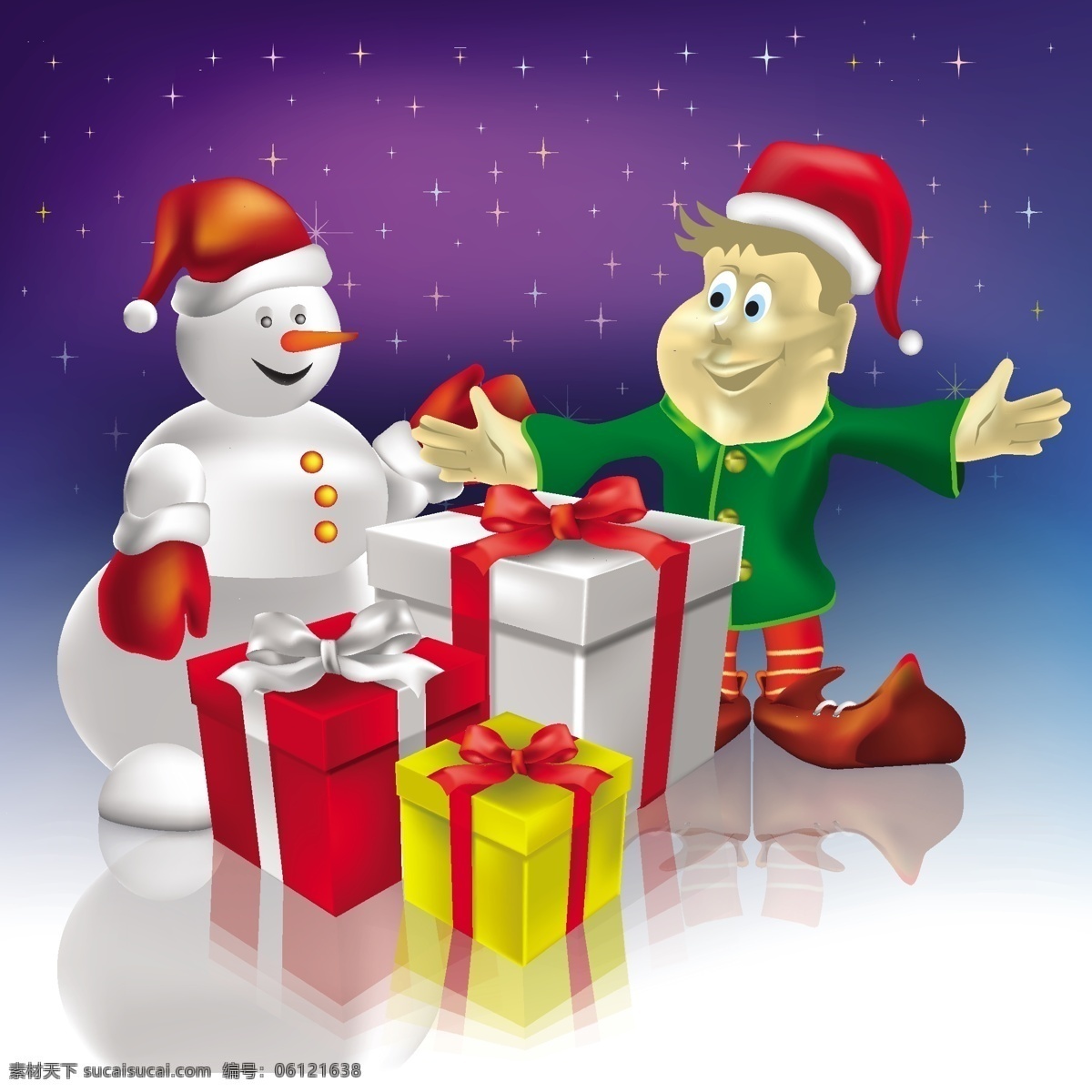 圣诞节 元素 矢量 背景 松树 松树枝 雪人 圣诞帽 手套 礼物 礼盒 雪花 挂球 装饰球 红色