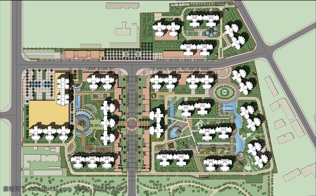 住宅 建筑 规划 平面图 草地 树木 马路 鲜花 房屋 建筑物 环境设计 景观设计