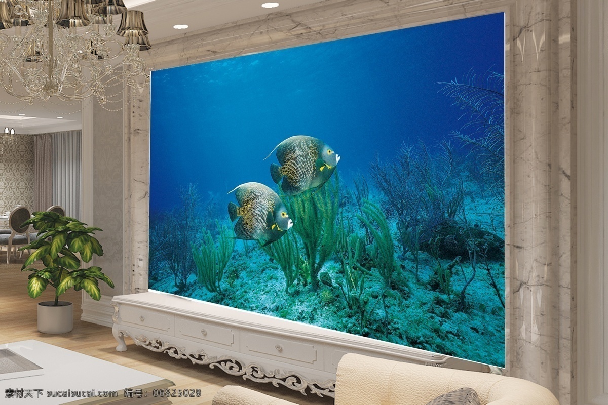 海底 世界 背景 墙 效果图 高清 壁画 壁纸 环境设计 家具家居 海洋 电视 图案 设计素材 豪华别墅 玄关 灰色