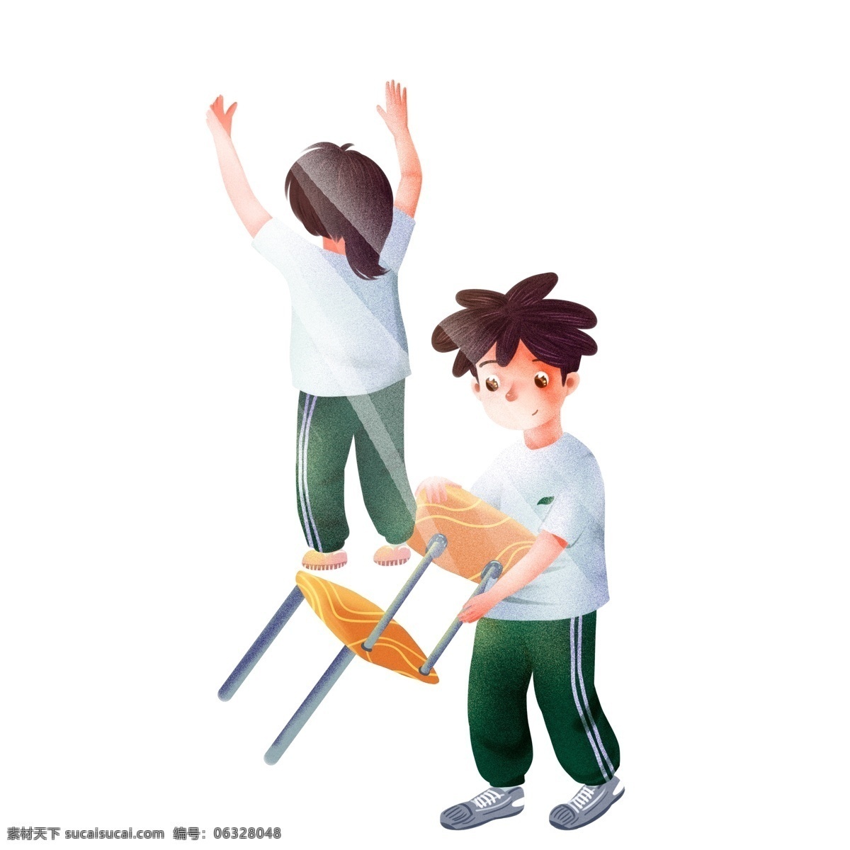 劳动节 打扫 两个 小男 学生 插画 手绘 卡通 小男生 人物 劳动