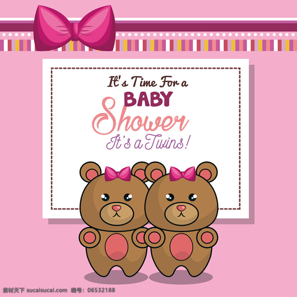 一对 小 熊 婴儿 卡片 小熊 蝴蝶结 可爱 粉色