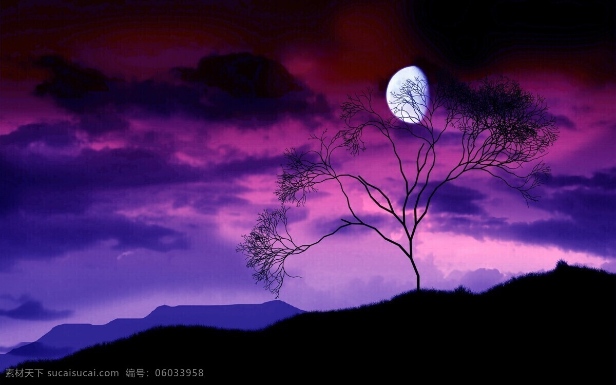 唯美 彩霞 风景 高清 云彩 夜景 月亮 树木