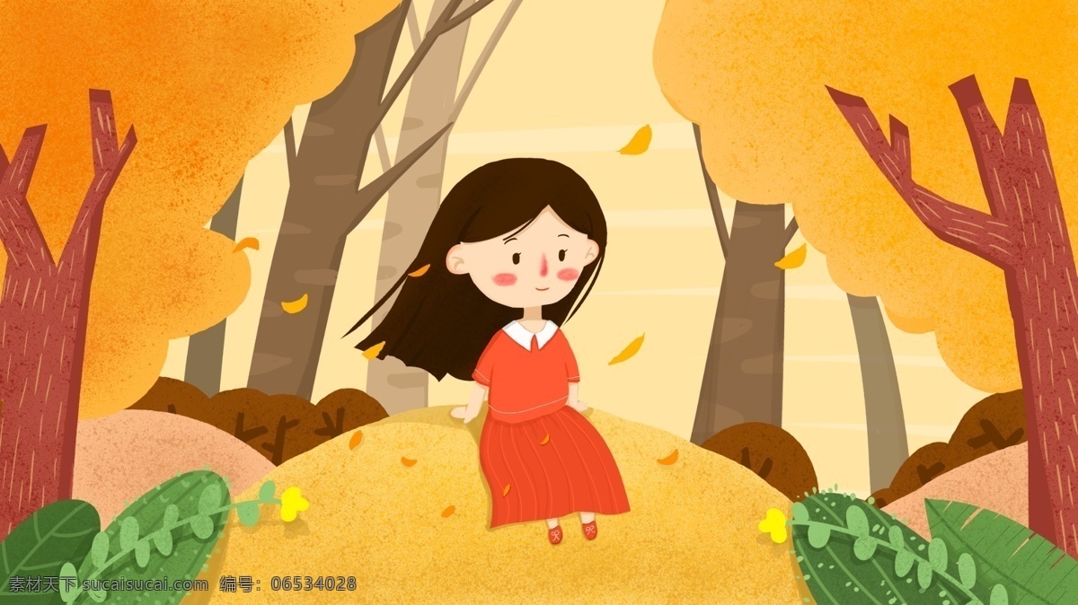 你好 秋天 小女孩 坐在 草堆 山 插画 黄色 落叶 小清新 秋季 你好秋天