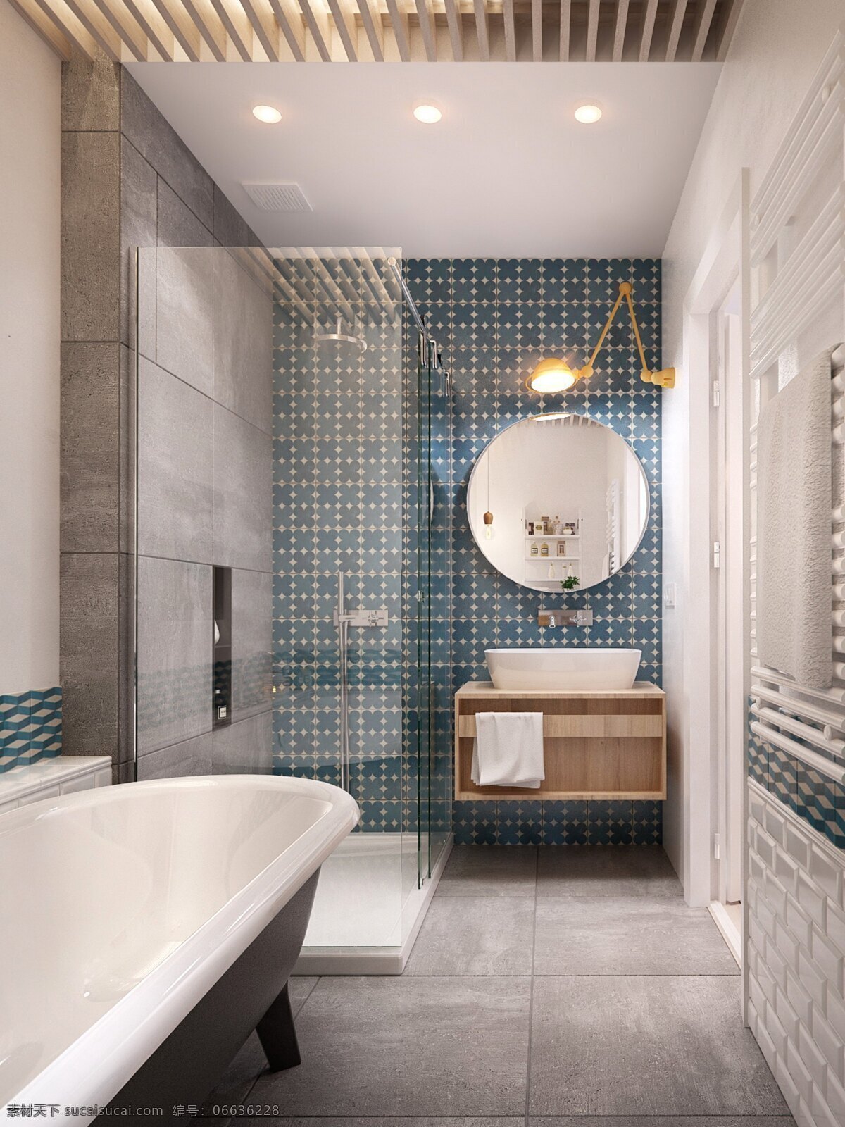 现代 简约 卫生间 蓝色 背景 墙 室内装修 效果图 玻璃门 灰色地板 卫生间装修 浴缸