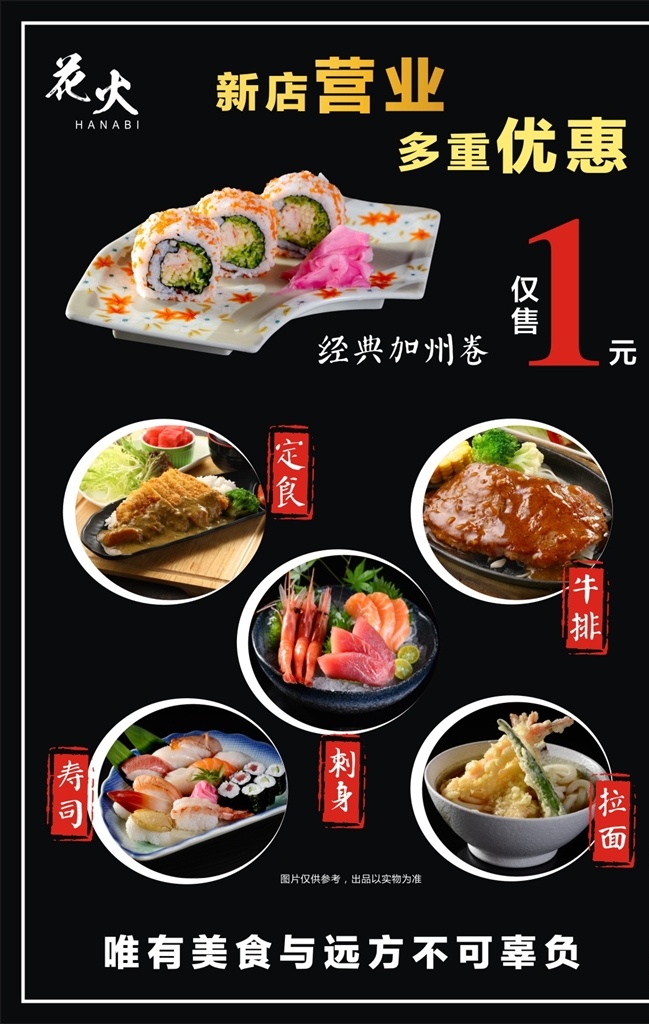新店营业 多重优惠 经典加州卷 定食 牛排 拉面 刺身 寿司 开业活动 日本背景 日本素材 日式风格 日本元素 樱花 日本樱花 广告