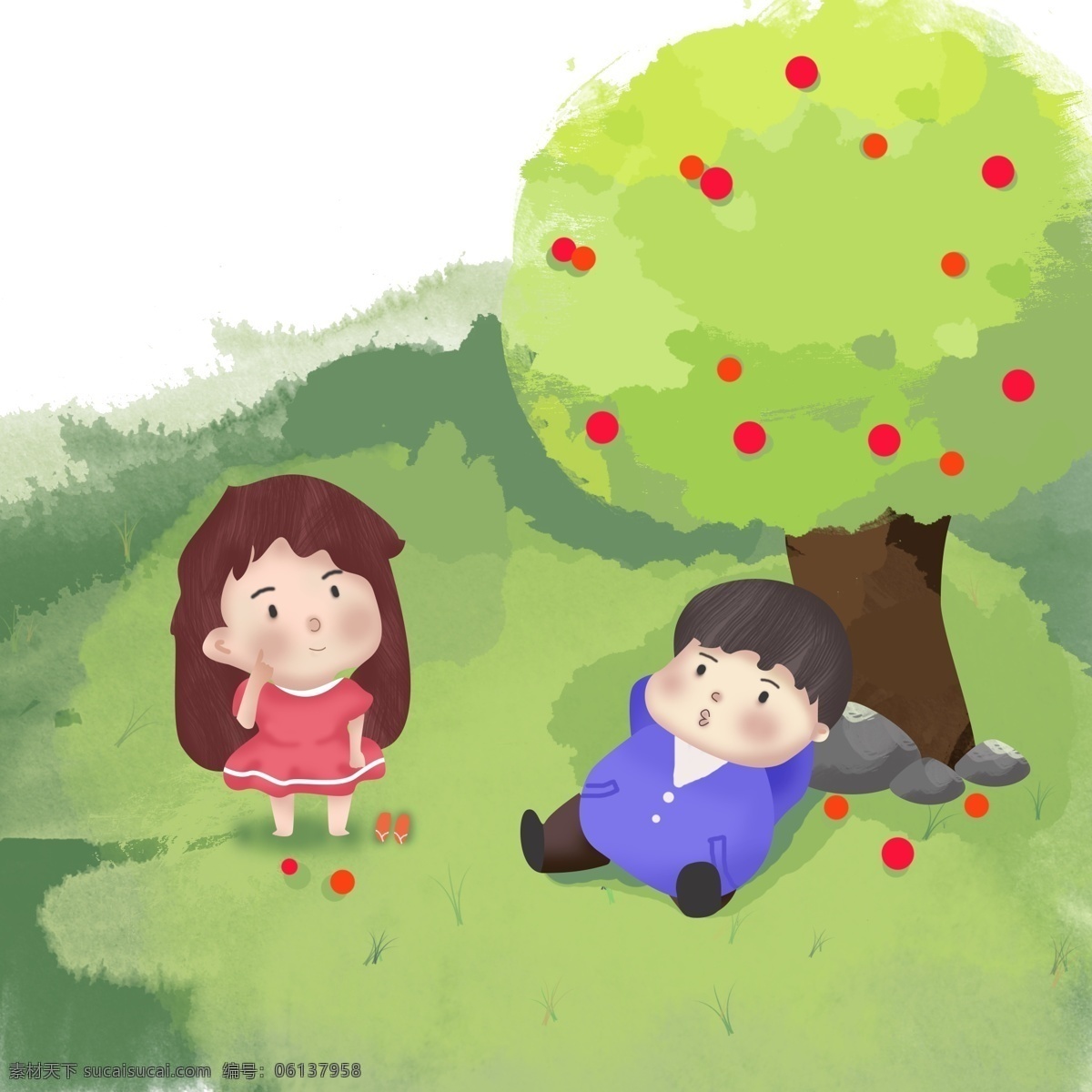 秋季 出游 旅游 郊游 两小无猜 男孩 女孩 卡通 可爱 手绘 果子 植物 草坪 大树 出行