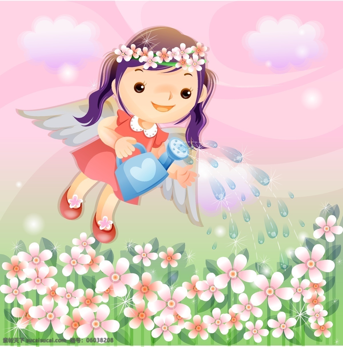 可爱的天使 卡通 可爱 童话 天使 浇花 花朵 白色